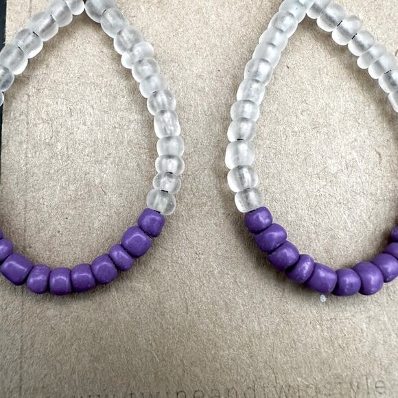 Twine & Twig Drop Earrings beaded Drop Dangle Oversized Purple Boho Clear Hoop - Picture 2 of 4
